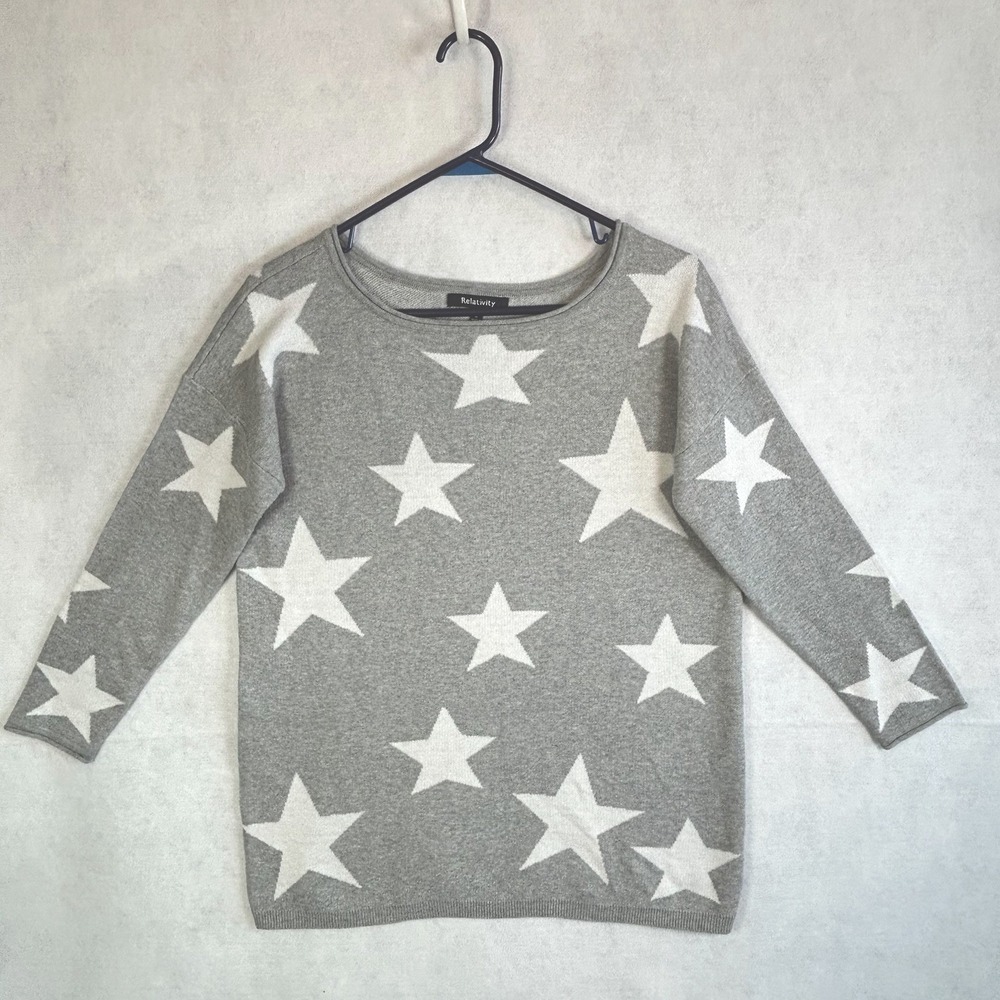 Relativity‎ Grey W/White Stars Long Sleeve Sweater - Women's SMALL  - NWOT